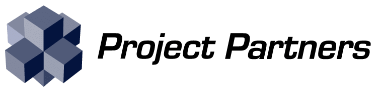 Project Partners logo with a blue cubic abstract design and bold black text.