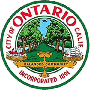City of Ontario, California seal featuring a balanced scale, trees, buildings, and "Balanced Community" motto.